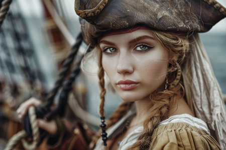 Confident female pirate looking into the distance on a shipの素材