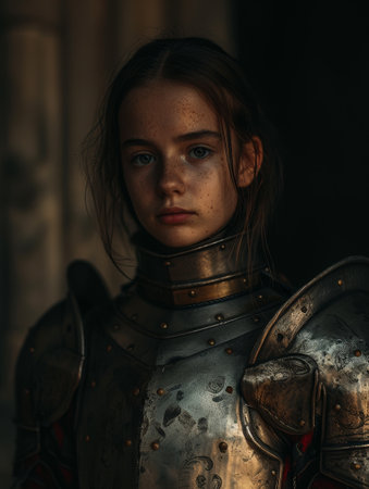 Young female knight in medieval armor looking determinedの素材