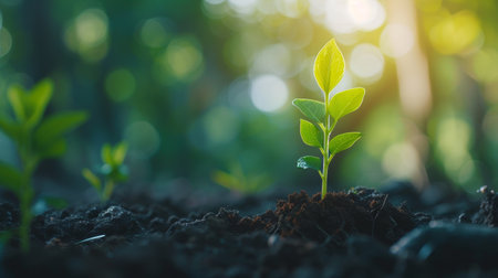 Young plant sprouting from soil with sunlight filtering through treesの素材