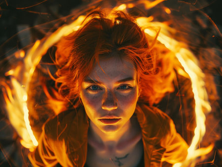 Intense gaze of a woman surrounded by fiery lightの素材