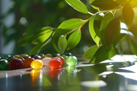 Sunlight filtering through leaves onto colorful glass marblesの素材