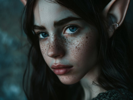 Mystical portrait of a young woman with elf ears and frecklesの素材