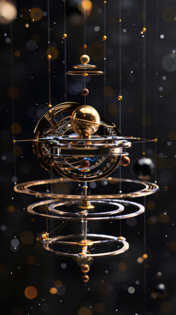 Elegant abstract geometric sculpture with floating elements and golden highlightsの素材