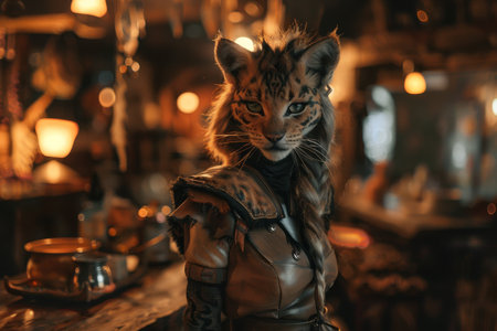 Fantasy warrior tiger humanoid in a mystical tavern settingの素材