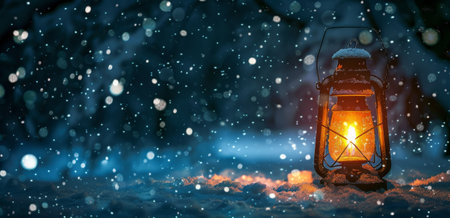 Vintage lantern glowing in a snowy winter nightの素材