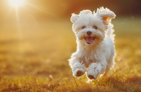 Joyful puppy running in a sunny fieldの素材