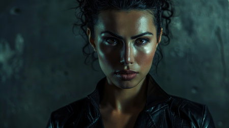 Intense woman with a dramatic makeup in a dark settingの素材