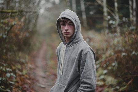 Young man in hoodie standing thoughtfully in misty forestの素材