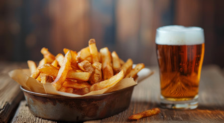 Delicious French Fries and Cold Beer on Wooden Tableの素材