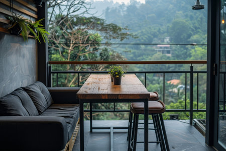 Cozy balcony seating area overlooking lush green forestの素材