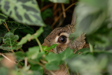 Hidden Rabbit Peeking Through Leavesの素材