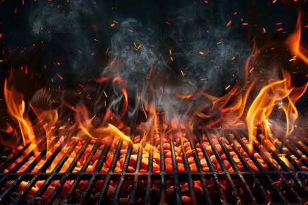 Hot barbecue grill with bright flames and smokeの素材