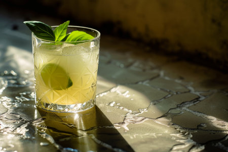 Refreshing basil cocktail in a glass on a sunlit tableの素材