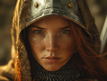 Portrait of a young female warrior in medieval armorの素材