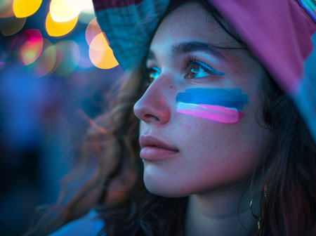 Young woman with painted face at a festivalの素材