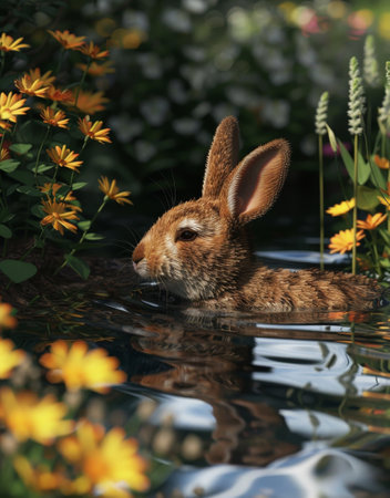 Rabbit resting in a serene water gardenの素材