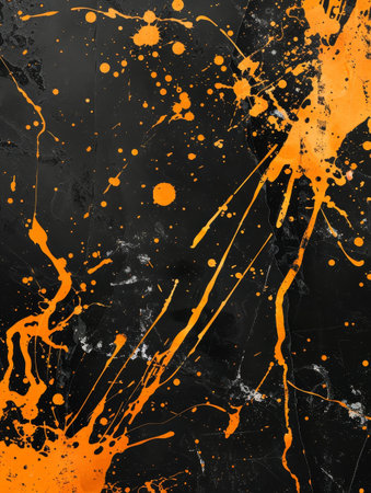 Vibrant orange paint splatters on a black backgroundの素材