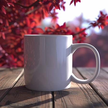 White mug on a wooden table with autumn leaves in the backgroundの素材