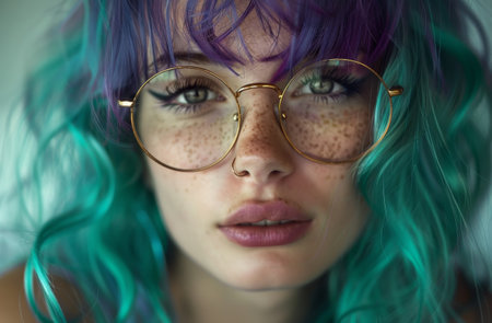 Young woman with vibrant blue hair and stylish glassesの素材