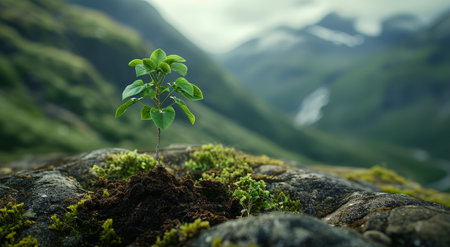 Young plant sprouting in mountainous terrainの素材
