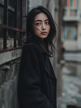 Young woman in a black coat standing by an old buildingの素材