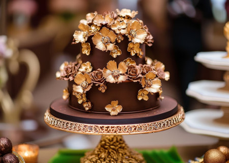 Elegant chocolate cake decorated with golden flowersの素材