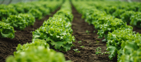 Fresh lettuce growing in neat rows on a farmの素材