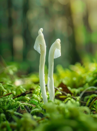 Delicate white mushrooms emerging from vibrant green moss in a forestの素材