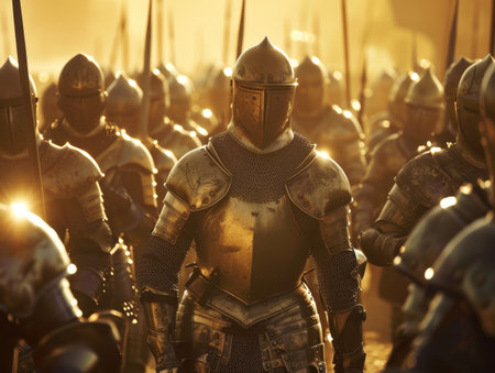 Medieval knights ready for battle at sunsetの素材