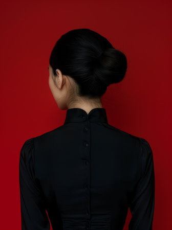 Elegant woman with a stylish bun hairstyle against a red backgroundの素材