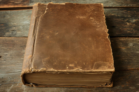 Vintage leather-bound book on a wooden tableの素材