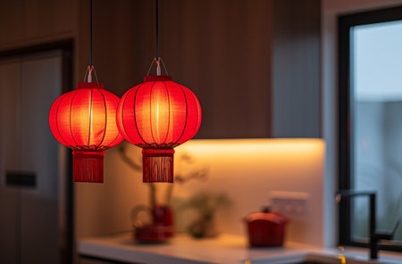 Traditional red lanterns hanging indoorsの素材