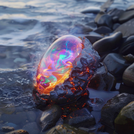 Mystical glowing stone on a rocky beach at sunsetの素材