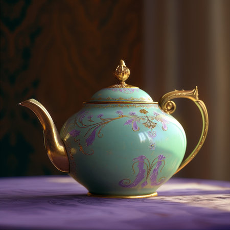 Elegant vintage teapot on a luxurious table settingの素材
