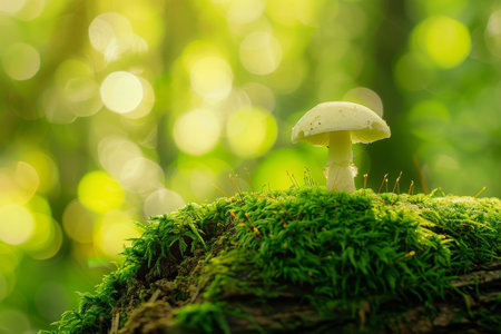 Mushroom on a Mossy Log in a Sunlit Forestの素材
