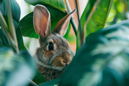 Curious Rabbit Peeking Through Green Leavesの素材