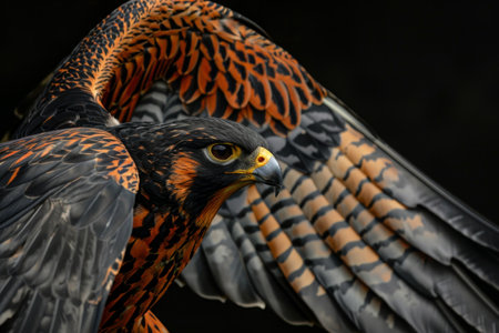 Majestic orange and black bird of prey with wings spreadの素材
