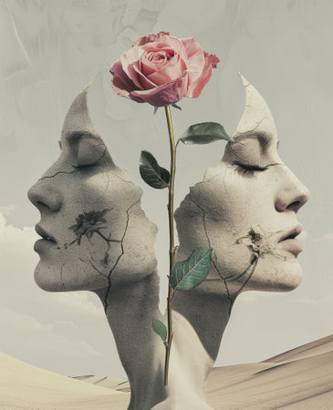 Surreal portrait of two faces with a rose symbolizing unity and contrastの素材