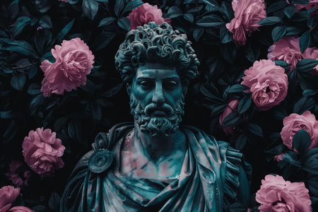Ancient statue surrounded by vibrant roses in a mystical gardenの素材