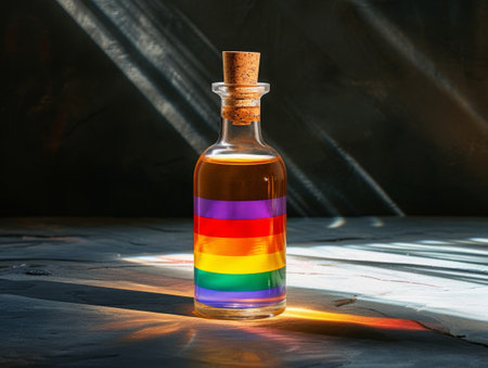 Colorful liquid in a glass bottle with rainbow reflectionsの素材