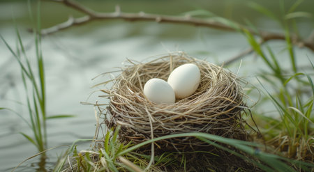Bird eggs nestled in a natural nest by the lakesideの素材