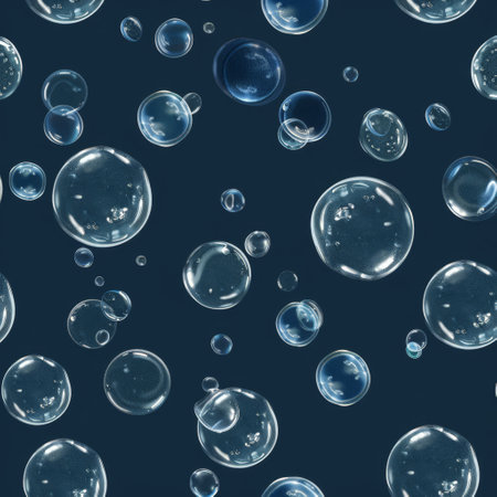 Transparent bubbles floating on a dark blue backgroundの素材
