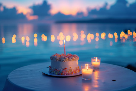 Birthday cake by the lake at sunsetの素材