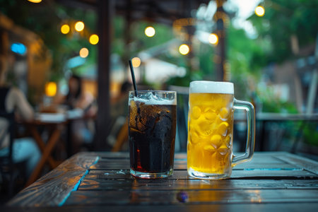 Cold drinks on a table at an outdoor cafeの素材