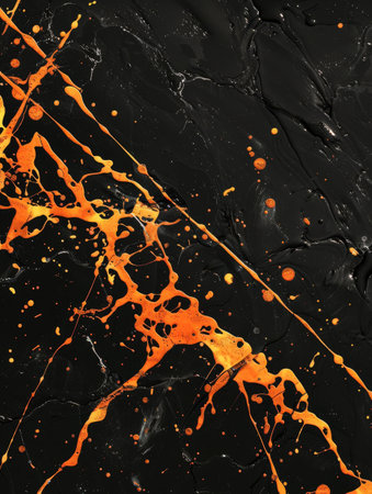 Abstract orange paint splatter on black backgroundの素材