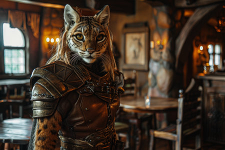Fantasy warrior in feline humanoid form dressed in medieval armor inside a tavernの素材