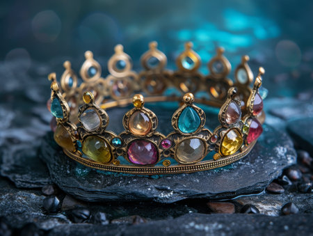 Elegant gemstone crown on a textured stone surfaceの素材