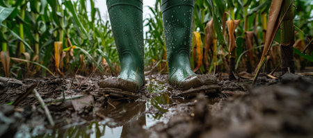 Farmer wearing green rubber boots standing in a muddy cornfieldの素材