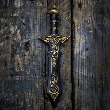 Ornate dagger on a rustic wooden backgroundの素材