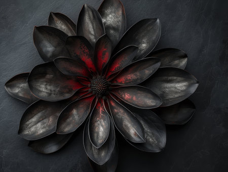 Elegant metallic flower sculpture on a dark backgroundの素材